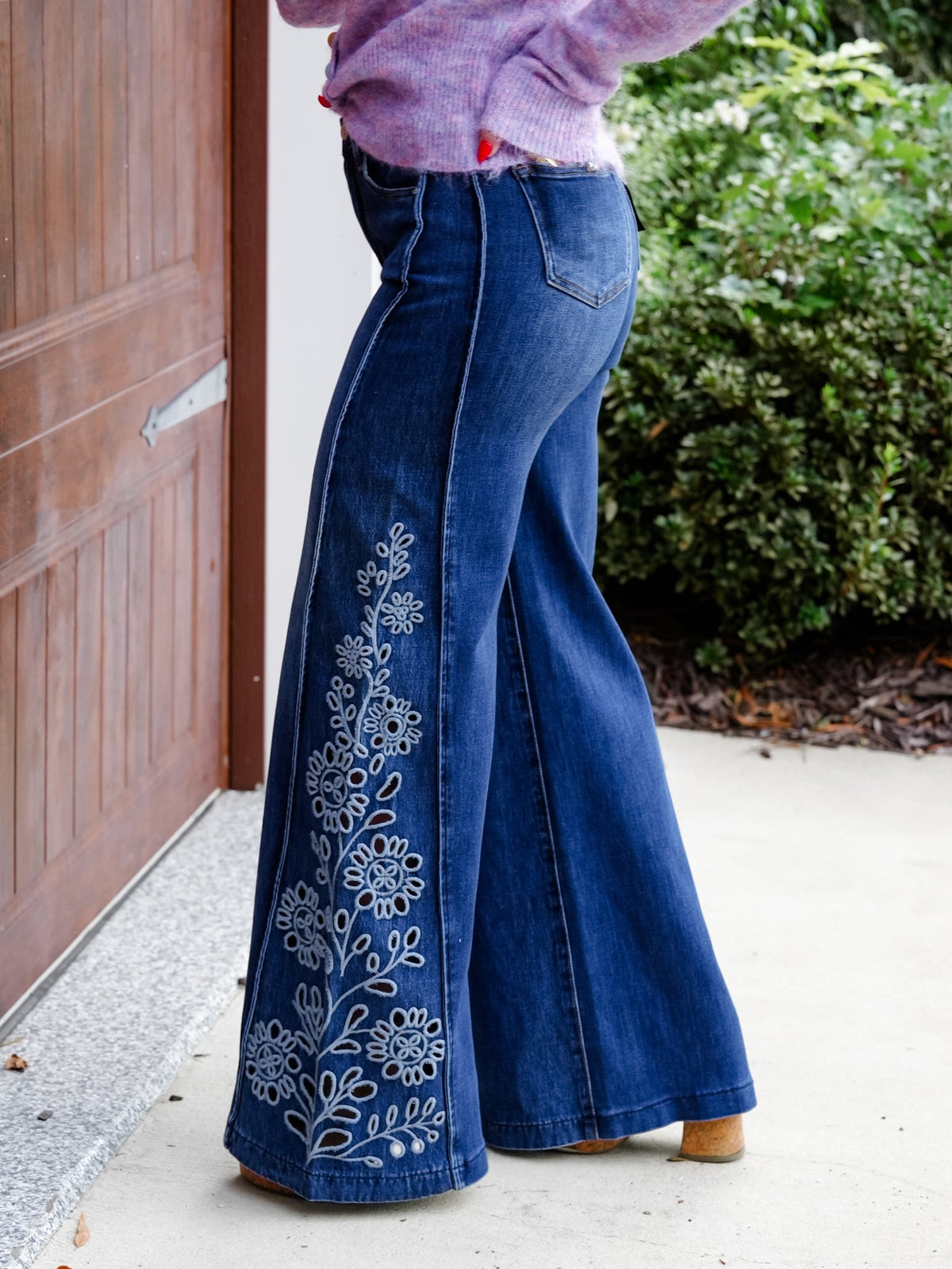 High Rise Medium Wash Tummy Control Wide Leg Jeans with Eyelet Embroidery
