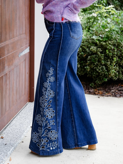 High Rise Medium Wash Tummy Control Wide Leg Jeans with Eyelet Embroidery