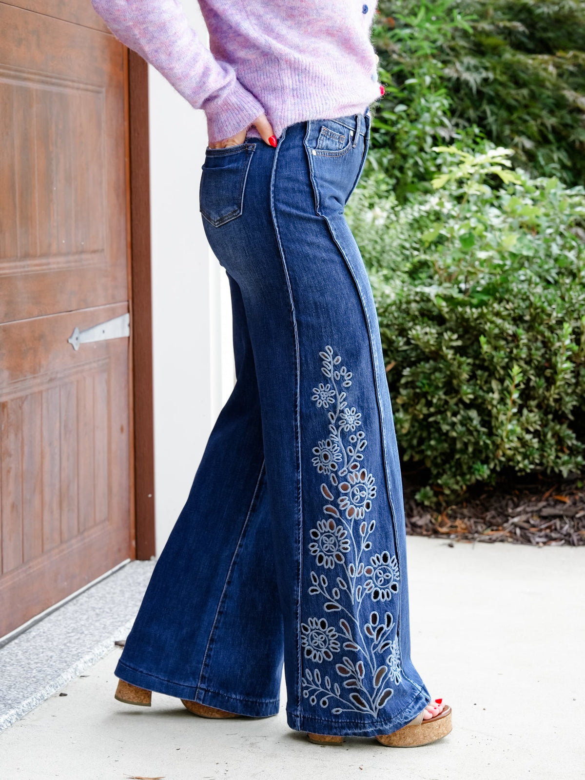 High Rise Medium Wash Tummy Control Wide Leg Jeans with Eyelet Embroidery