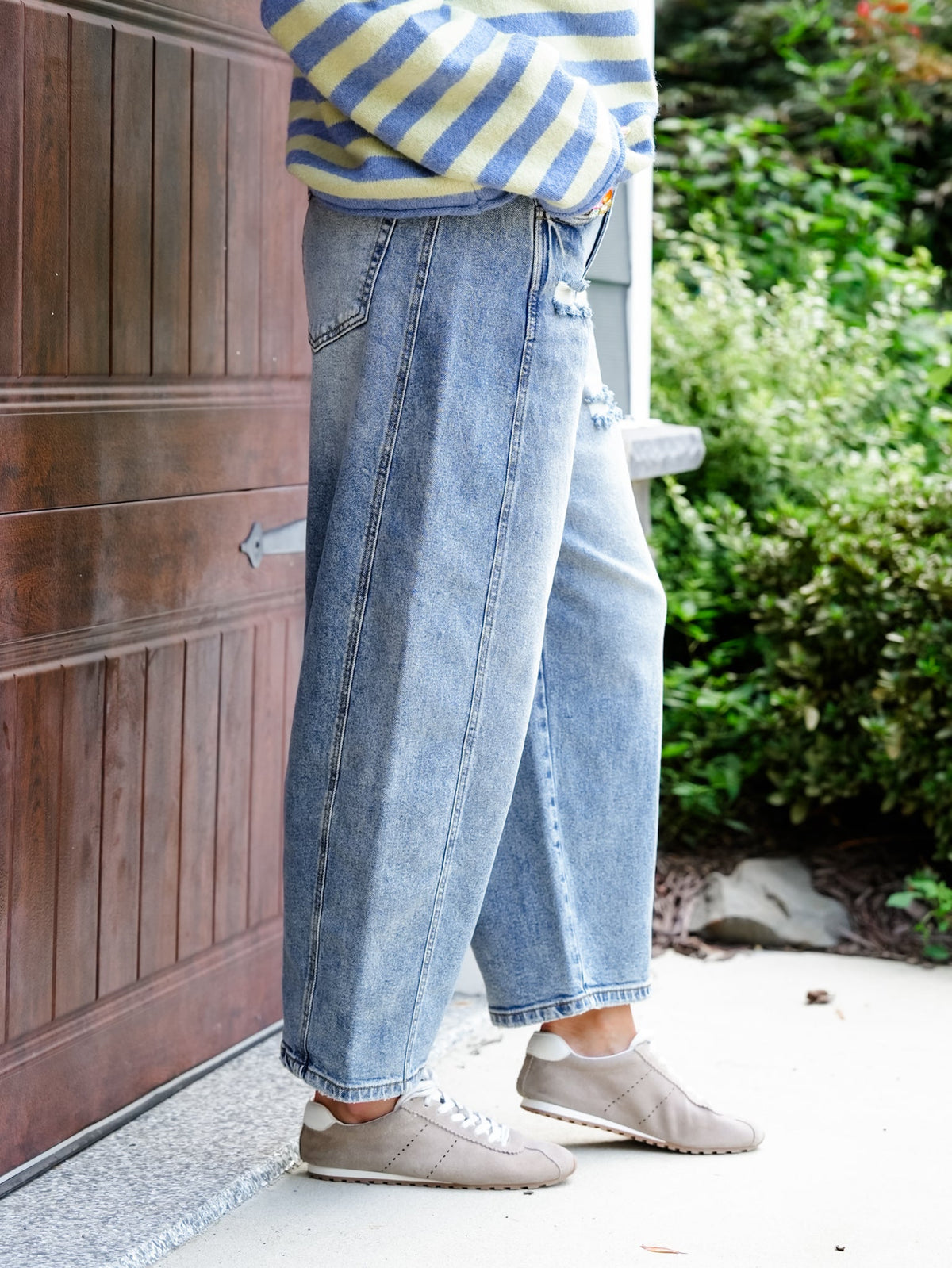 High Rise Medium Wash Barrel Jeans with Side Panels