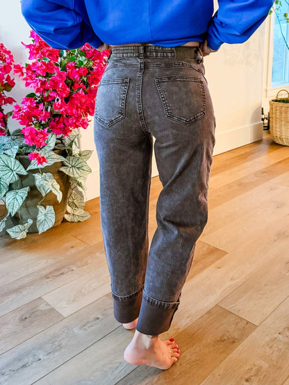 High Rise Brown Tummy Control Barrel Jeans With Elastic Waistband