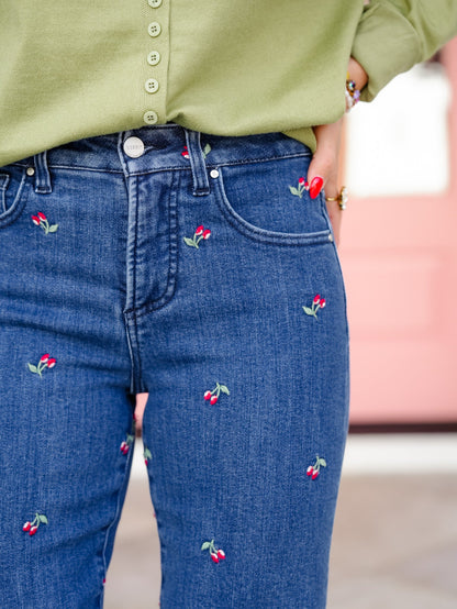 High Rise Dark Wash Tummy Control Straight Leg Jeans With Embroidered Cherries