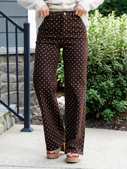 High Rise Brown Polka Dot Wide Leg Jeans