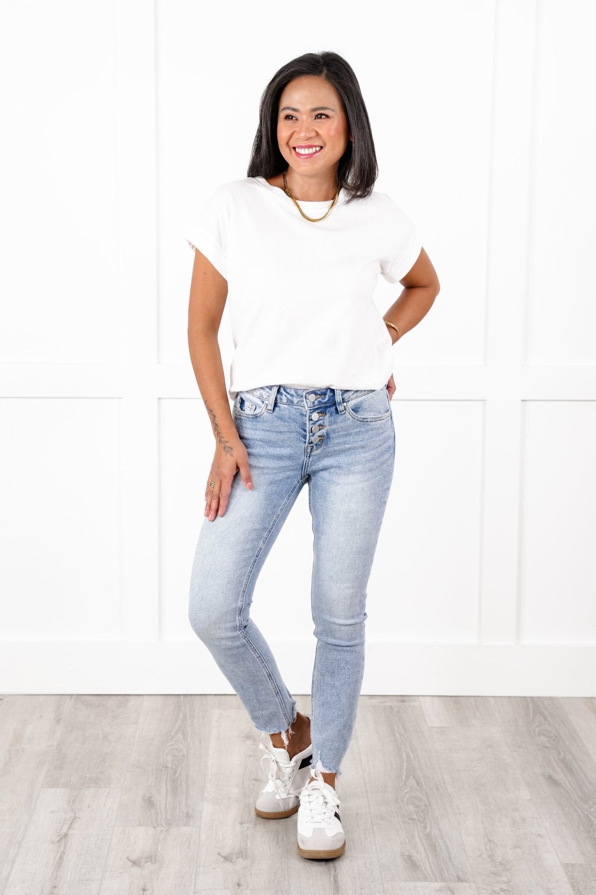 Restock! Mica Mid Rise Light Wash Button Fly Cropped Skinny Jeans