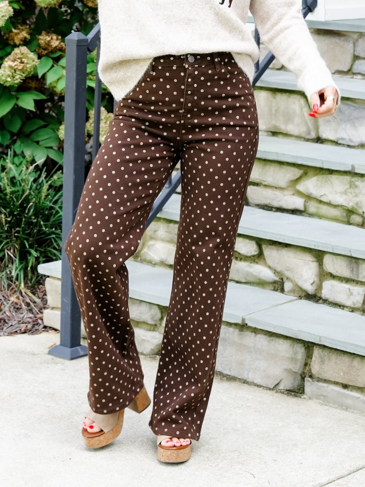 High Rise Brown Polka Dot Wide Leg Jeans