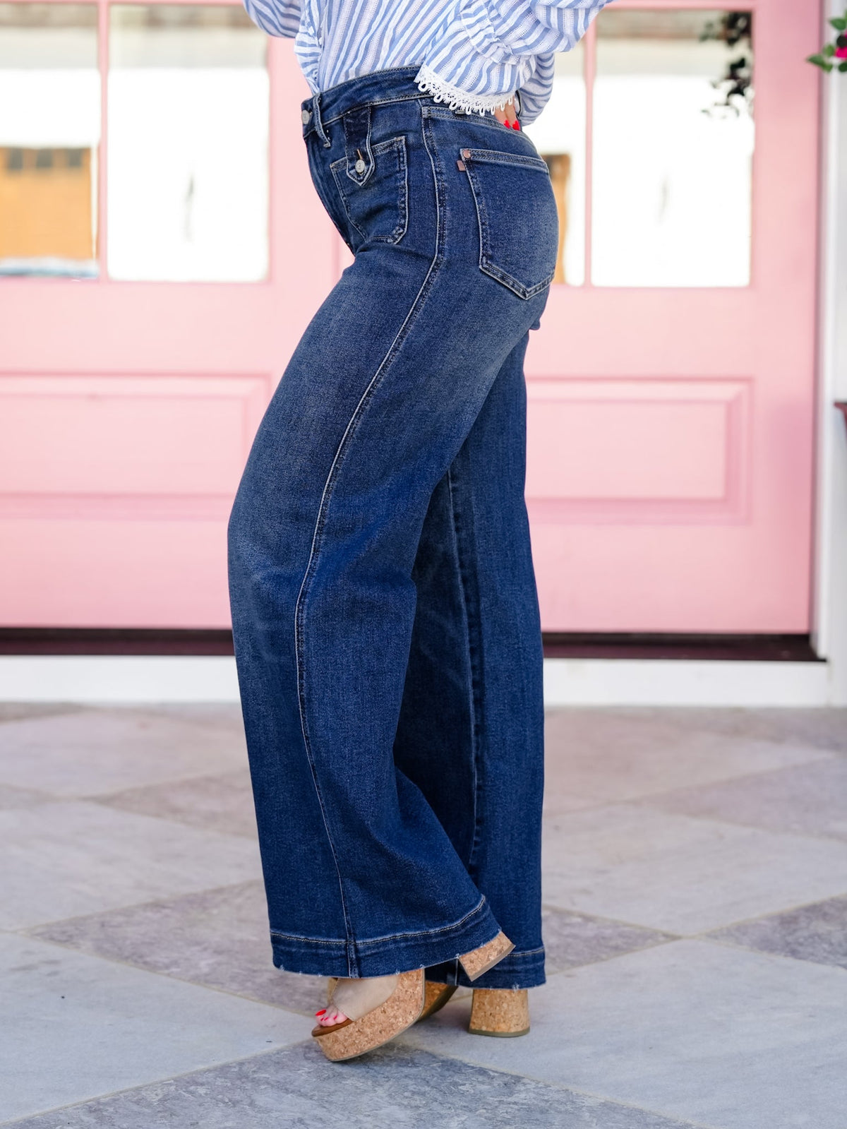 The Parker Patch Pocket High Rise Dark Wash Retro Wide Leg Jeans