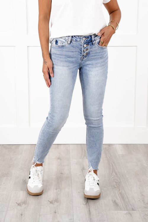 Restock! Mica Mid Rise Light Wash Button Fly Cropped Skinny Jeans