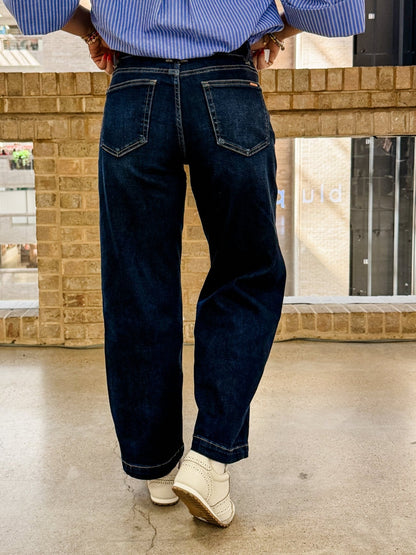 High Rise Dark Wash Slouchy Barrel Jeans with Patch Pockets