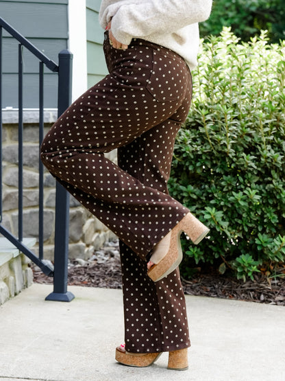 High Rise Brown Polka Dot Wide Leg Jeans