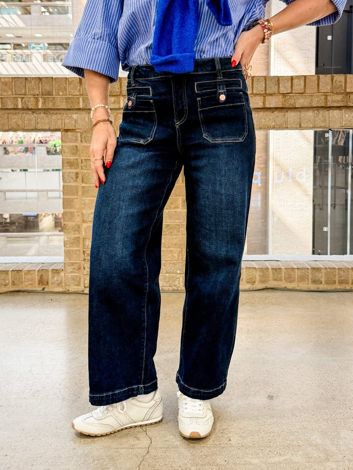 High Rise Dark Wash Slouchy Barrel Jeans with Patch Pockets