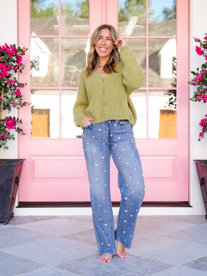 Heart Breaker High Rise Light Wash Straight Leg Jeans with Embroidered Hearts