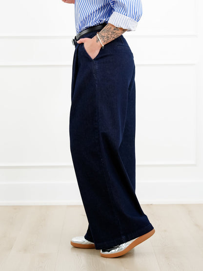 Dark Wash Slouchy Palazzo Pleated Jeans