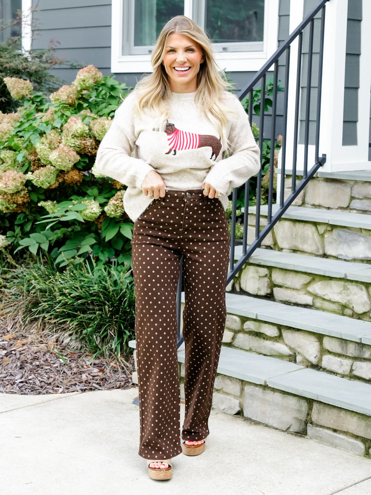 High Rise Brown Polka Dot Wide Leg Jeans
