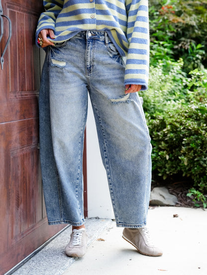 High Rise Medium Wash Barrel Jeans with Side Panels