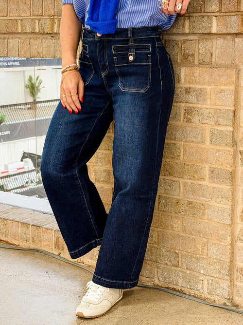 High Rise Dark Wash Slouchy Barrel Jeans with Patch Pockets