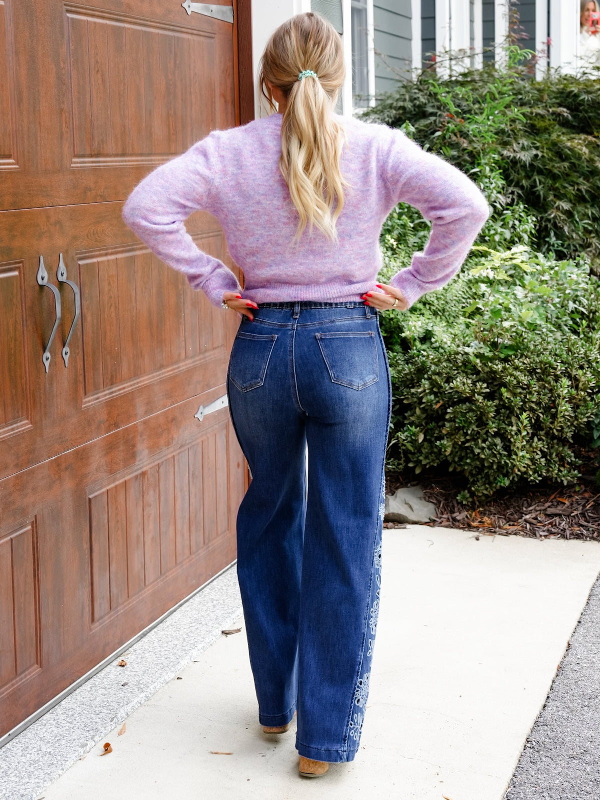 High Rise Medium Wash Tummy Control Wide Leg Jeans with Eyelet Embroidery
