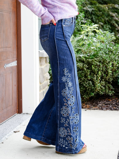 High Rise Medium Wash Tummy Control Wide Leg Jeans with Eyelet Embroidery