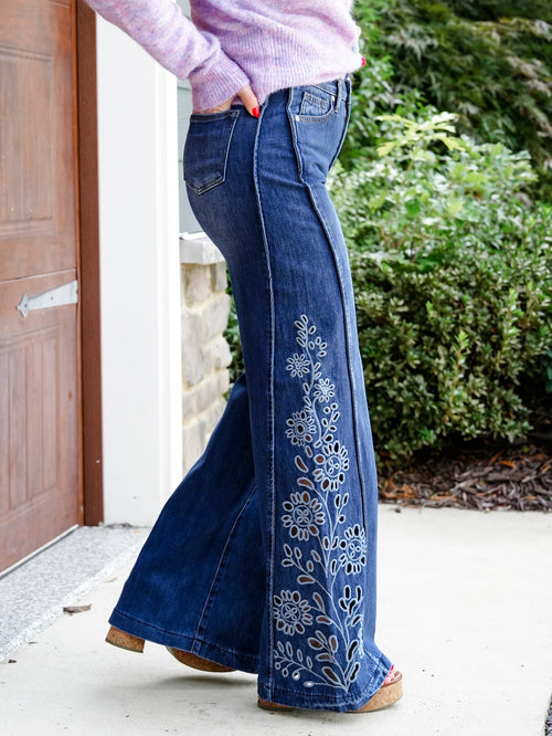 High Rise Medium Wash Tummy Control Wide Leg Jeans with Eyelet Embroidery