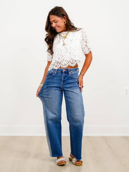 High Rise Medium Wash Slouchy Barrel Jeans with Contrasting Wash