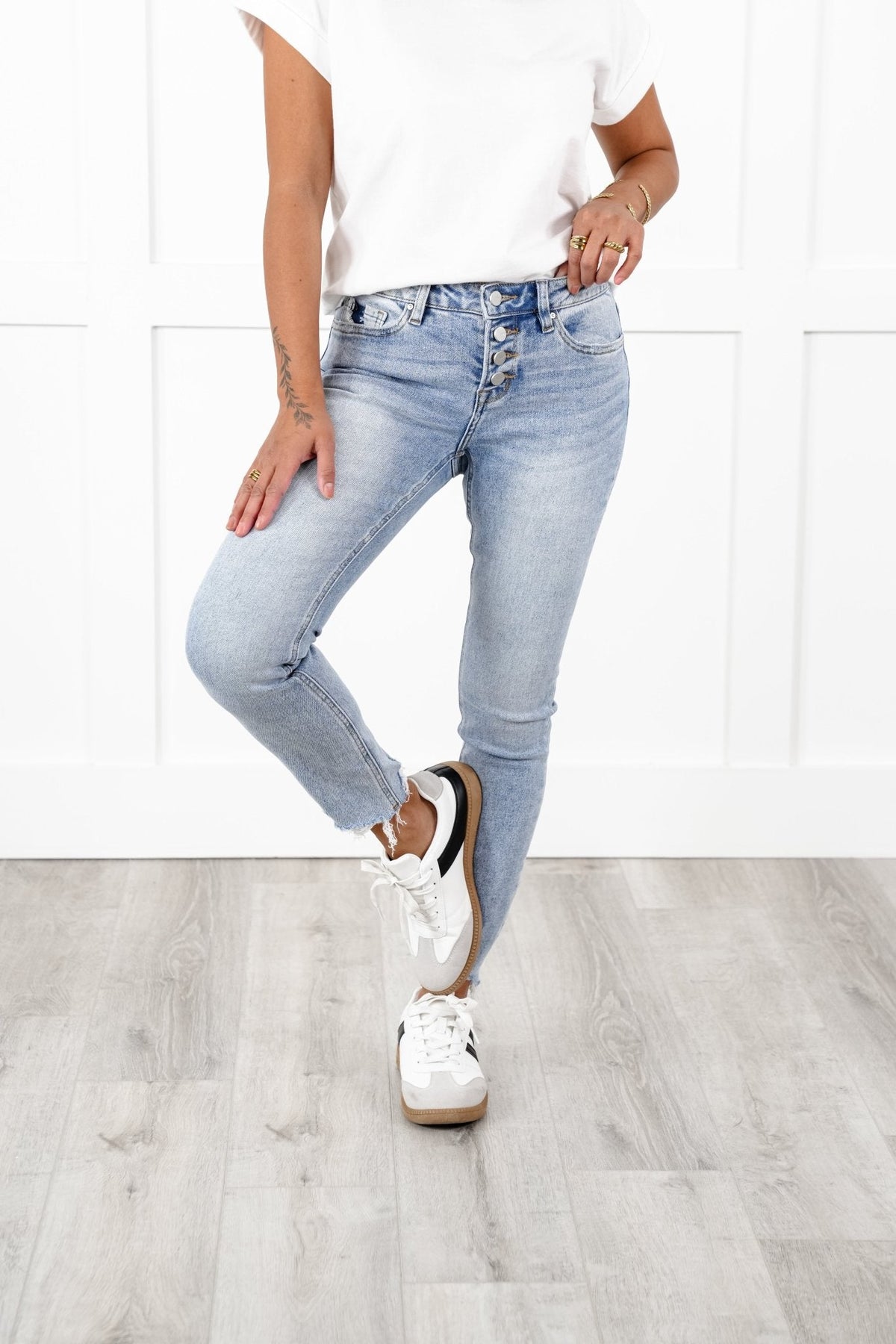 Restock! Mica Mid Rise Light Wash Button Fly Cropped Skinny Jeans