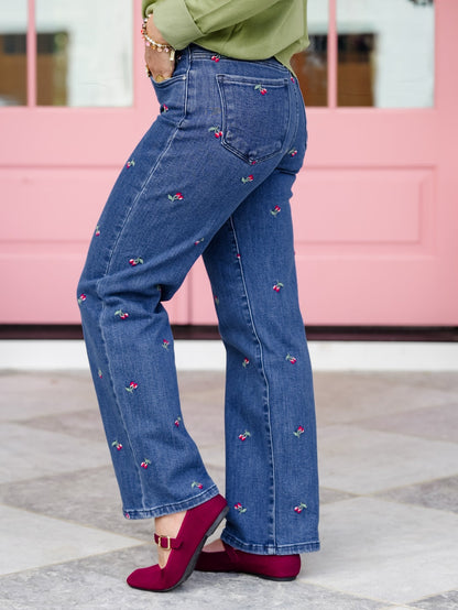 High Rise Dark Wash Tummy Control Straight Leg Jeans With Embroidered Cherries