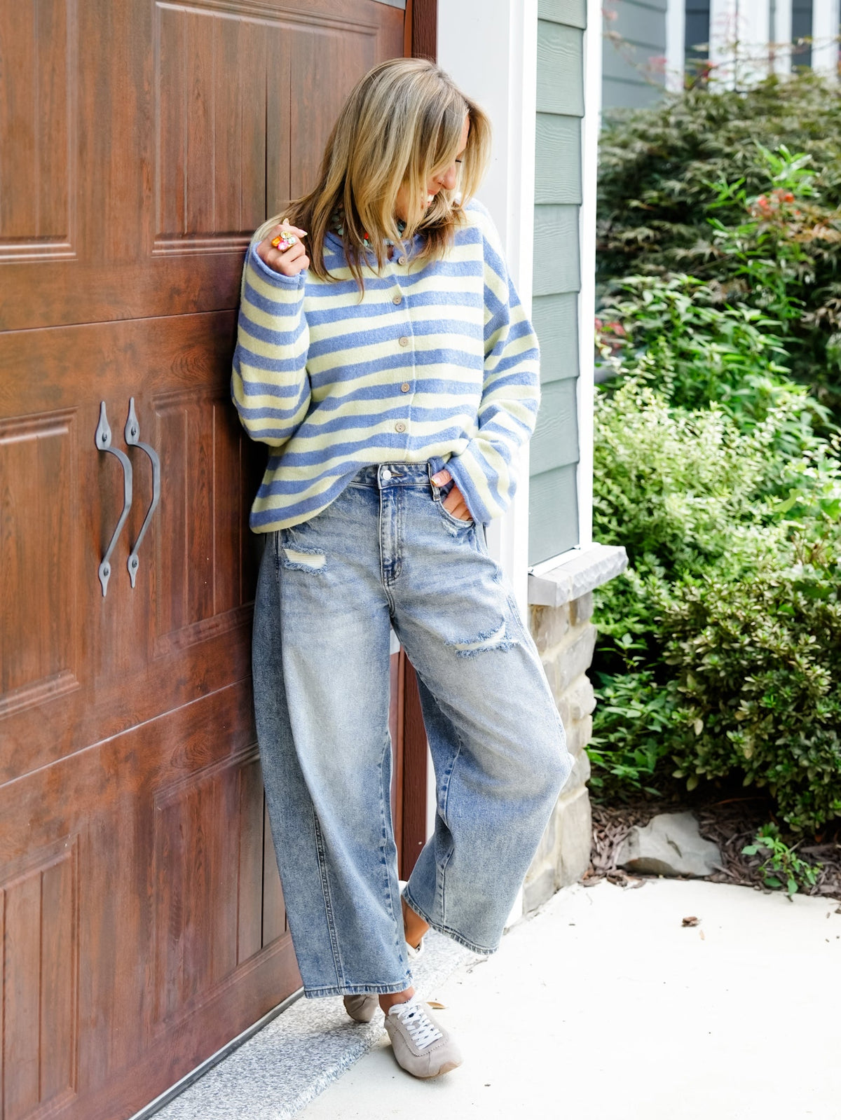 High Rise Medium Wash Barrel Jeans with Side Panels