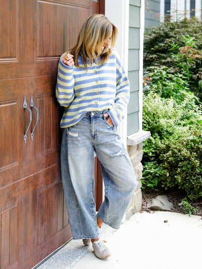 High Rise Medium Wash Barrel Jeans with Side Panels