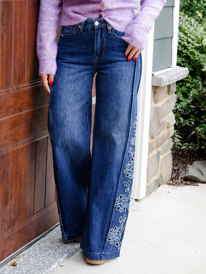 High Rise Medium Wash Tummy Control Wide Leg Jeans with Eyelet Embroidery