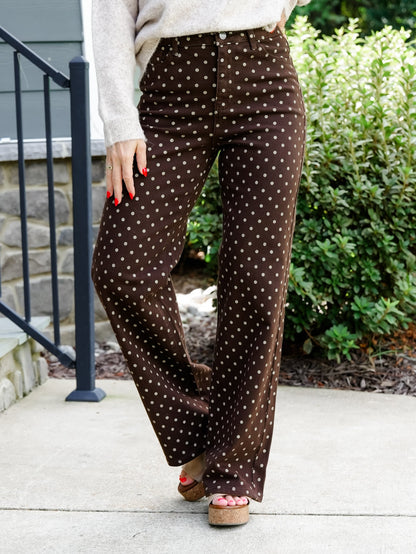 High Rise Brown Polka Dot Wide Leg Jeans