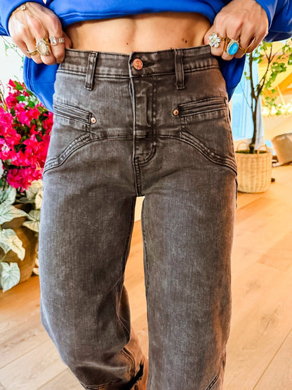 High Rise Brown Tummy Control Barrel Jeans With Elastic Waistband