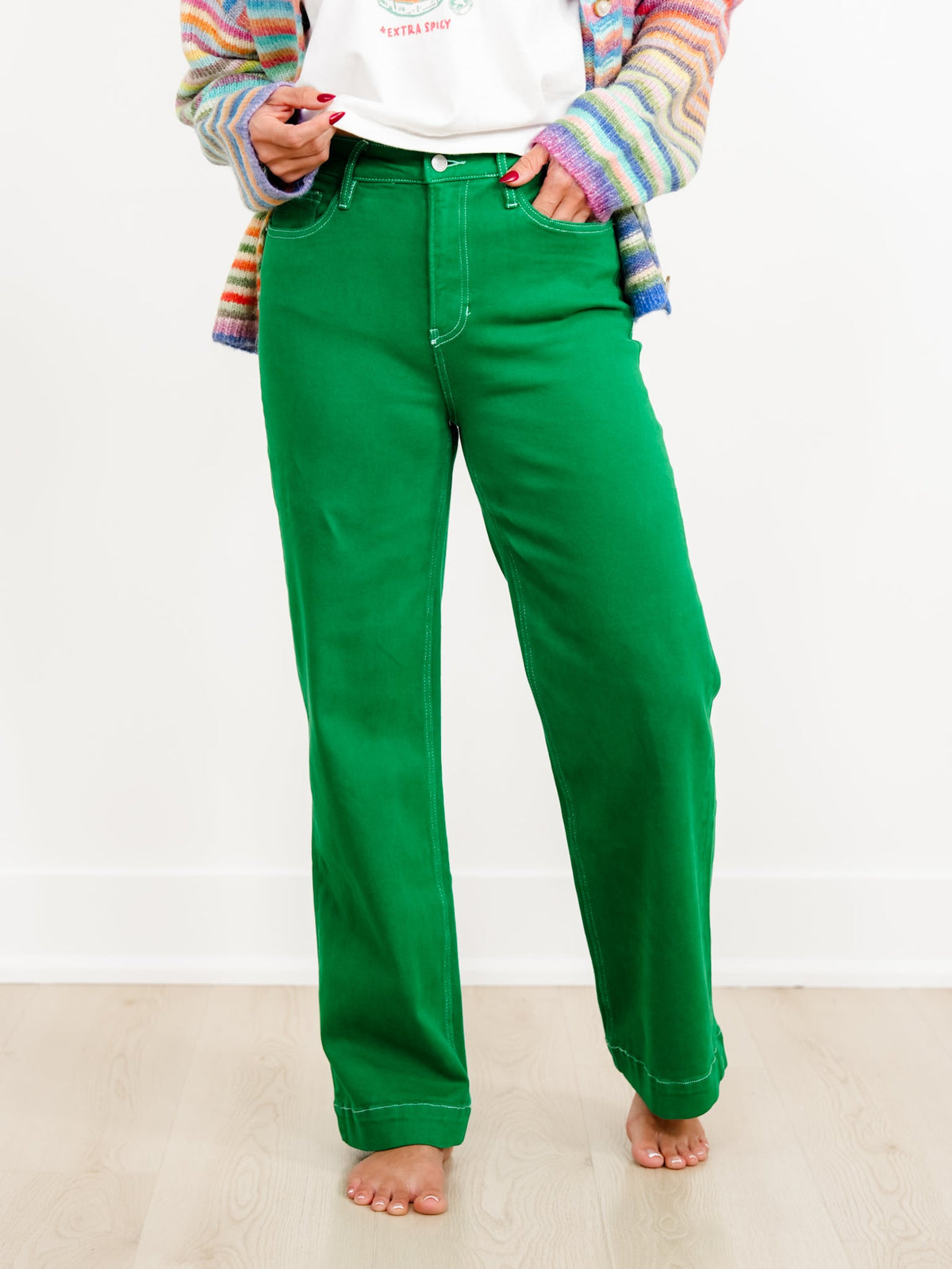 High Rise Green Wide Leg Trouser Jeans
