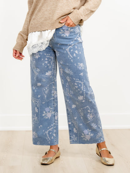 Restock! Plus/Reg Embroidery Print High Waist Wide Leg Cropped Jeans