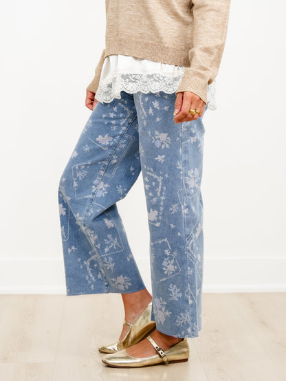 Restock! Plus/Reg Embroidery Print High Waist Wide Leg Cropped Jeans