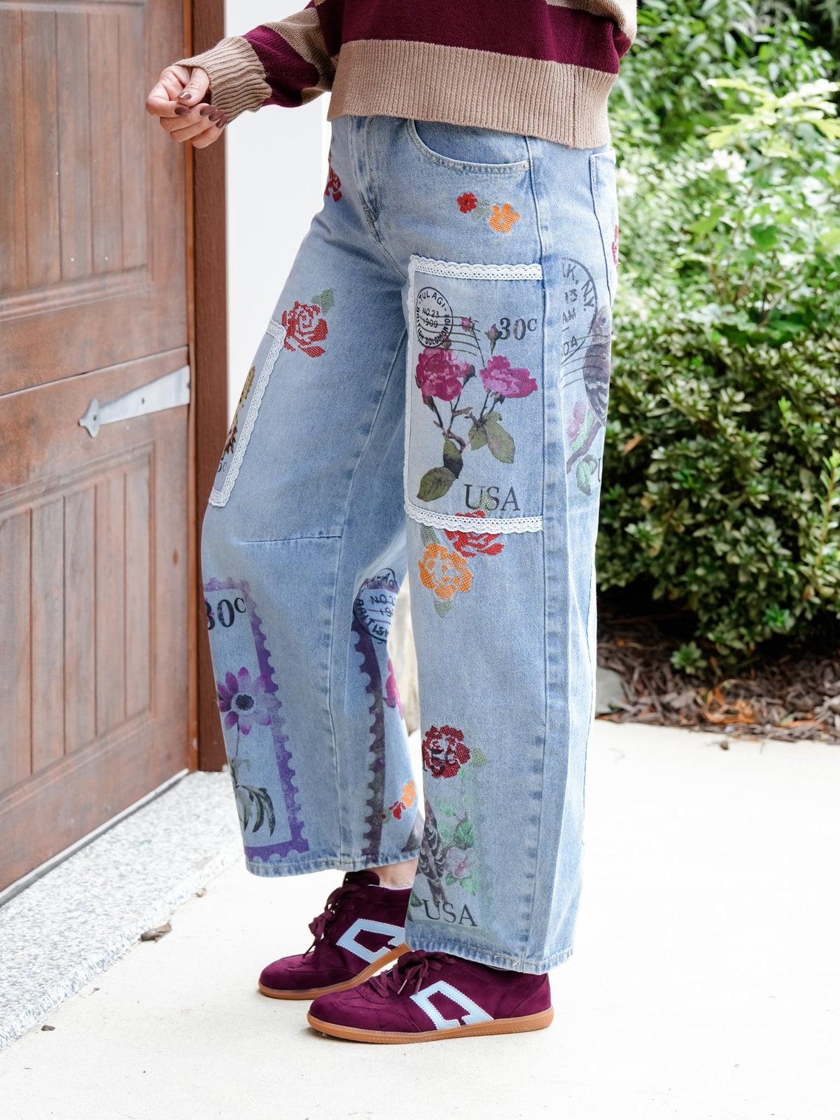 Postage Stamp Print High Waist Barrel Jeans
