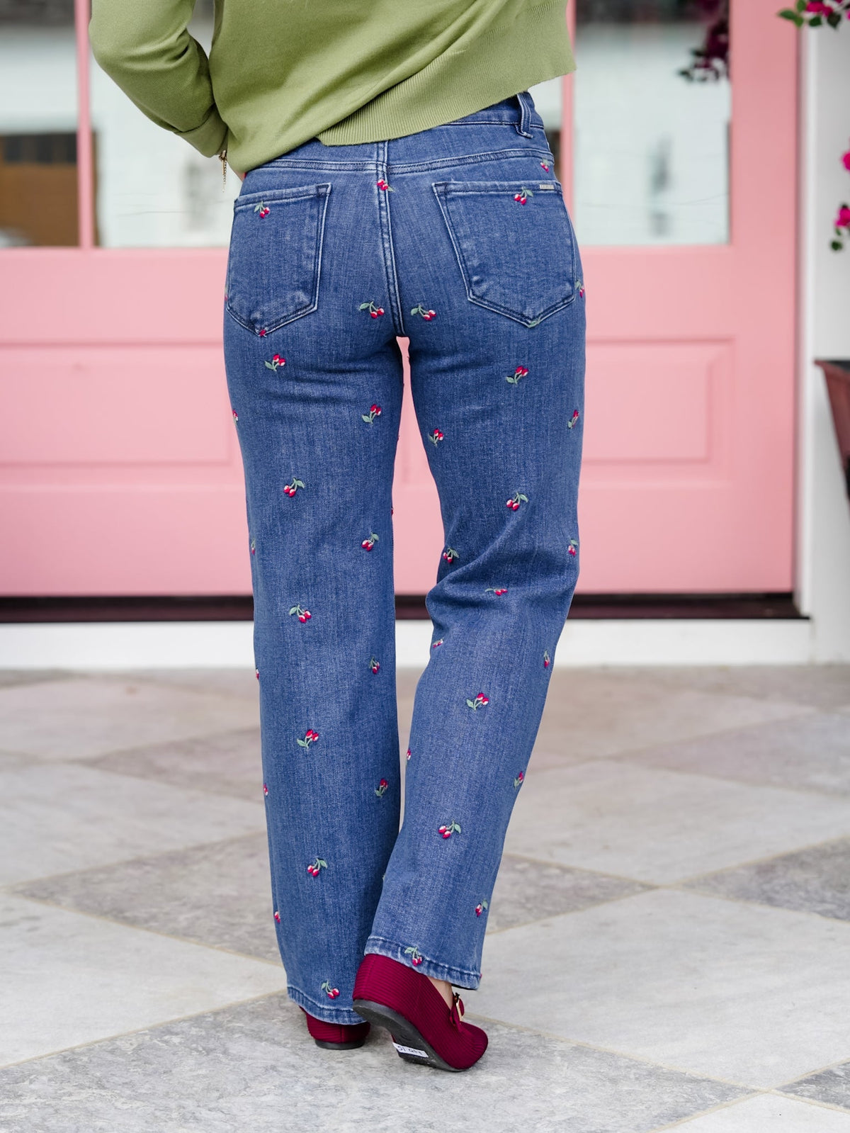 High Rise Dark Wash Tummy Control Straight Leg Jeans With Embroidered Cherries