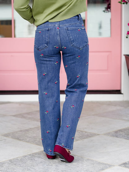 High Rise Dark Wash Tummy Control Straight Leg Jeans With Embroidered Cherries