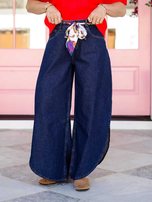 High Rise Dark Wash Tummy Control Barrel Jeans With Open Sides