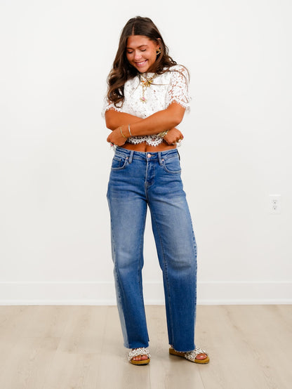 High Rise Medium Wash Slouchy Barrel Jeans with Contrasting Wash
